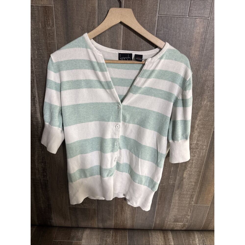Kersh‎ Light Minty Blue And White Striped Button Up Cardigan Size XL